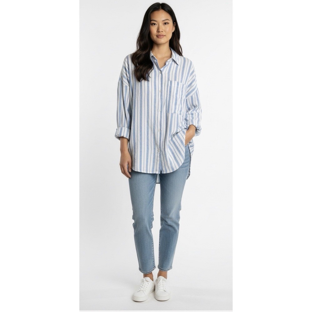 Vintage Abercrombie & Fitch Top  Womens  Size L‎ Blue Striped Linen  Oversized